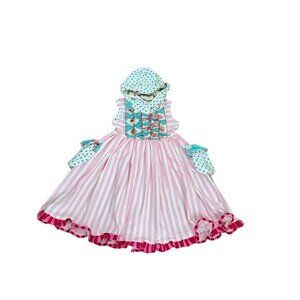 Pink & White Striped Girls Dress With Polka Dot Hood & Floral Accents  Size 6
